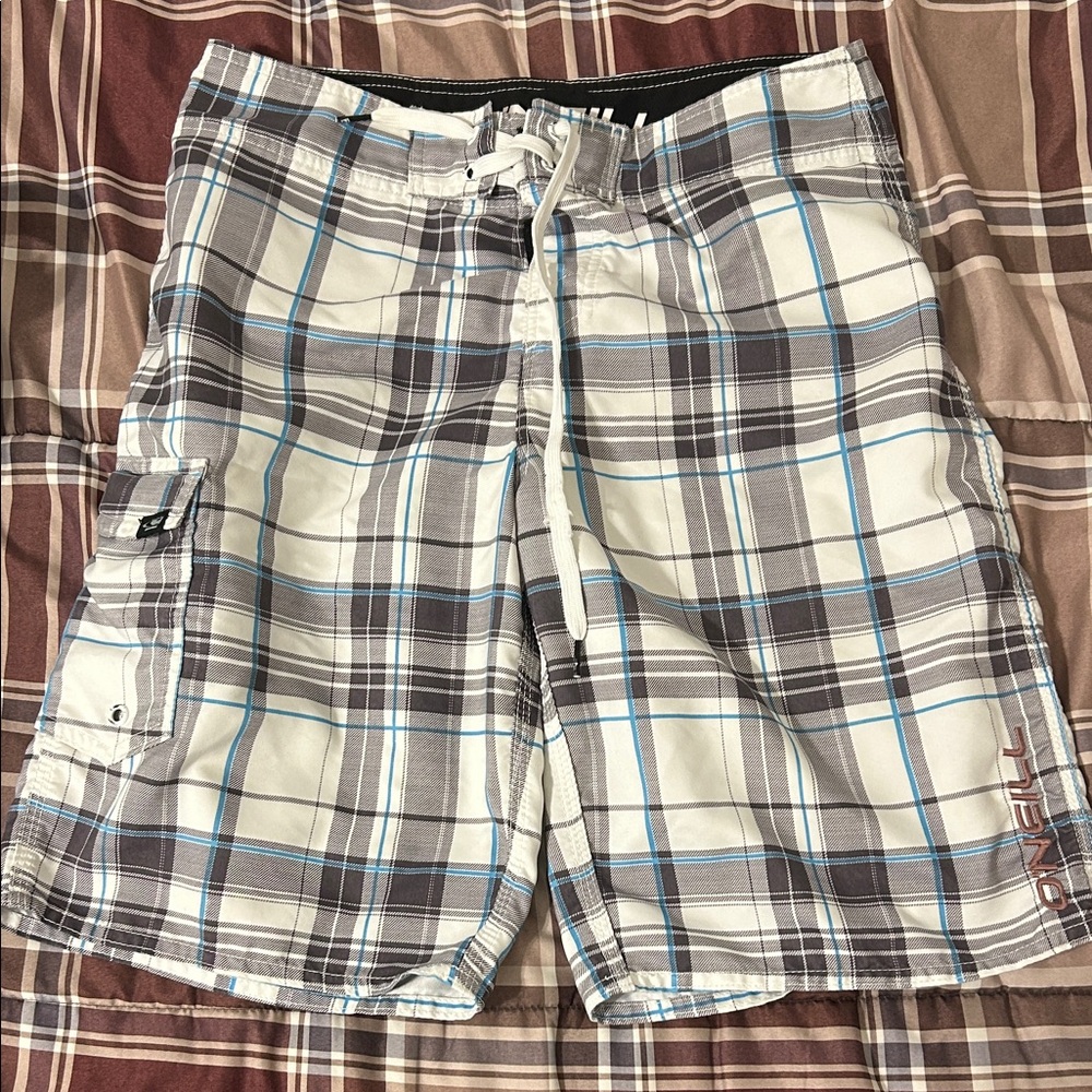 O'Neill Blue and Brown Plaid Swim Shorts